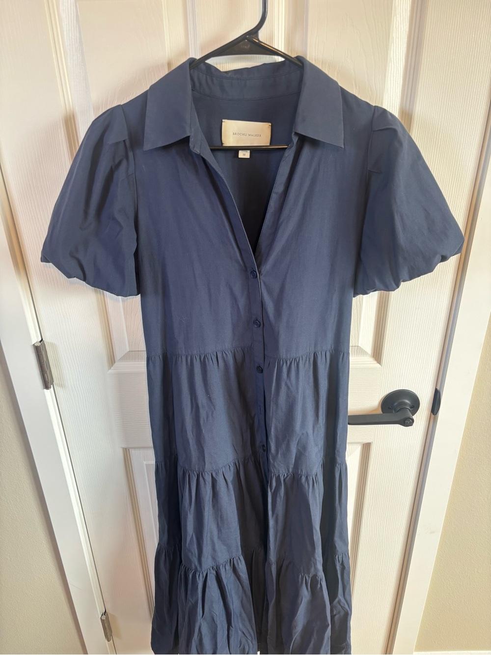 Button-Front Navy Puff Sleeve Tiered Dress Brochu Walker